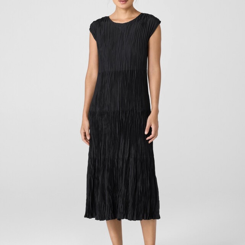 EUC Eileen Fisher Crushed 100% Silk Sleeveless Tiered Midi Dress in Black Large